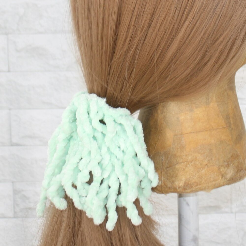 HAND CRAFTED Hair Scrunchie Crochet Chenille Velvet Oversized Pastel Green